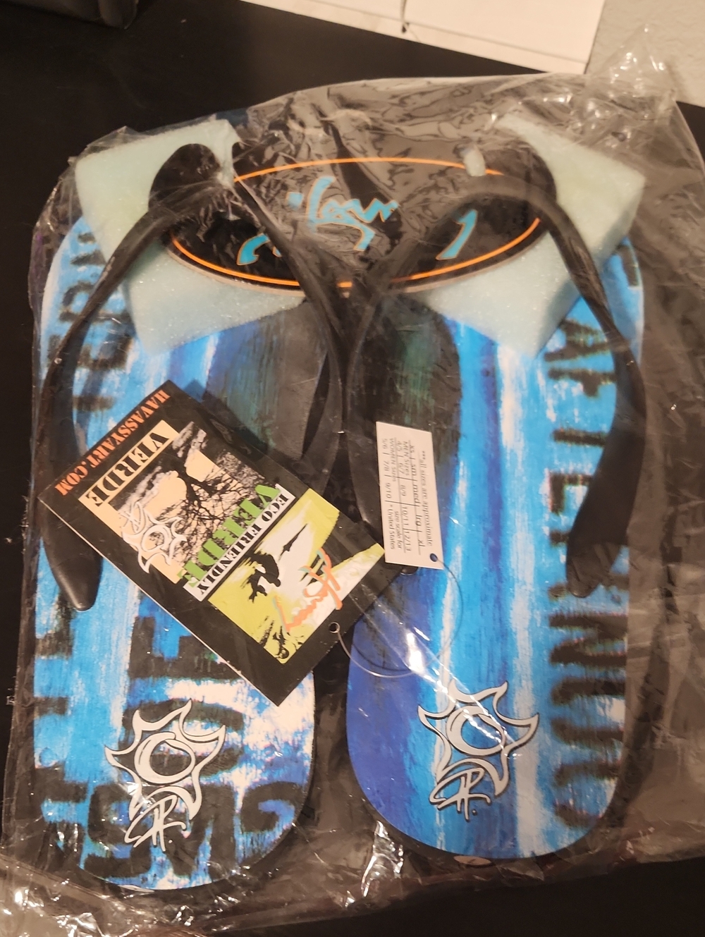 Blue Graphic Flip Flops with Black Straps
